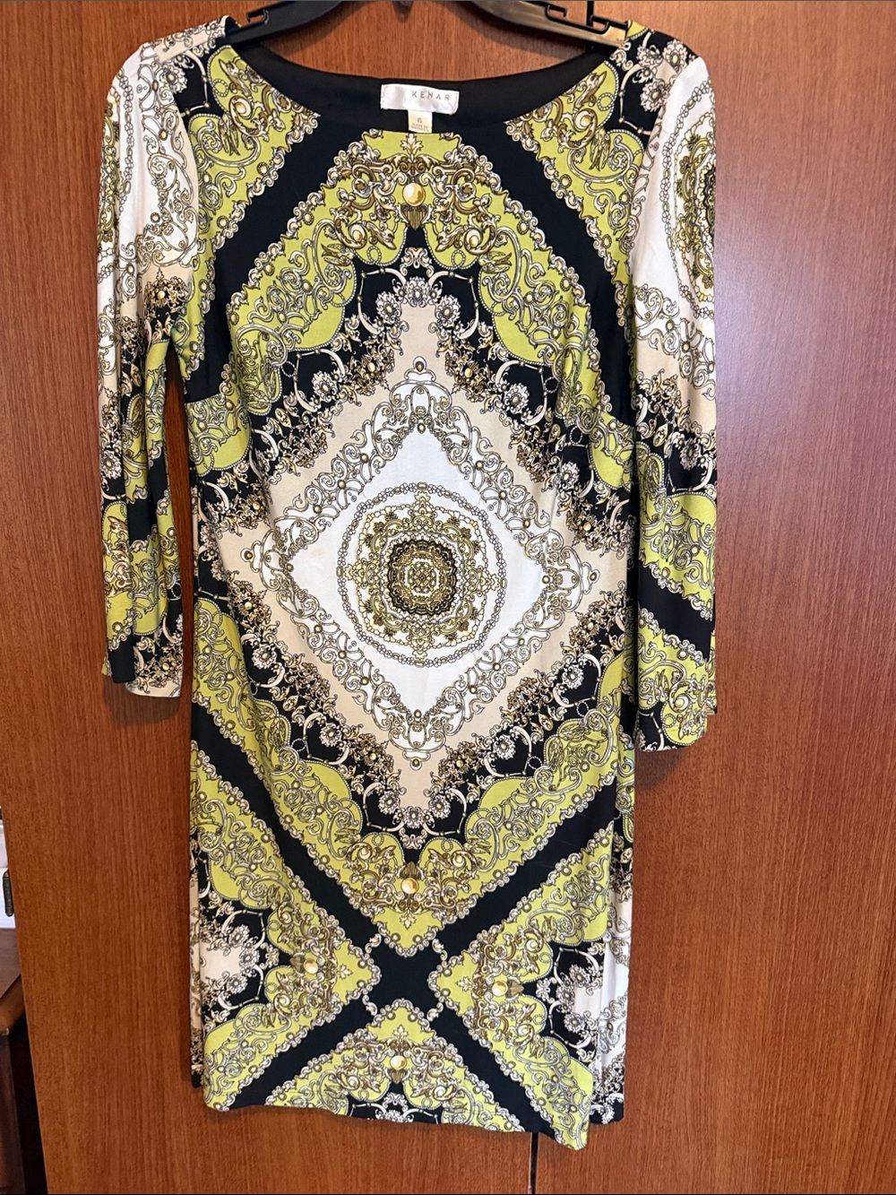 Kenar 3/4 Sleeve Baroque Medallion Print Dress Lime Green Black Cream